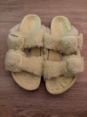 Birkenstock Fuzzy Shearling Two- Strap Slide Sandals in Light Yellow